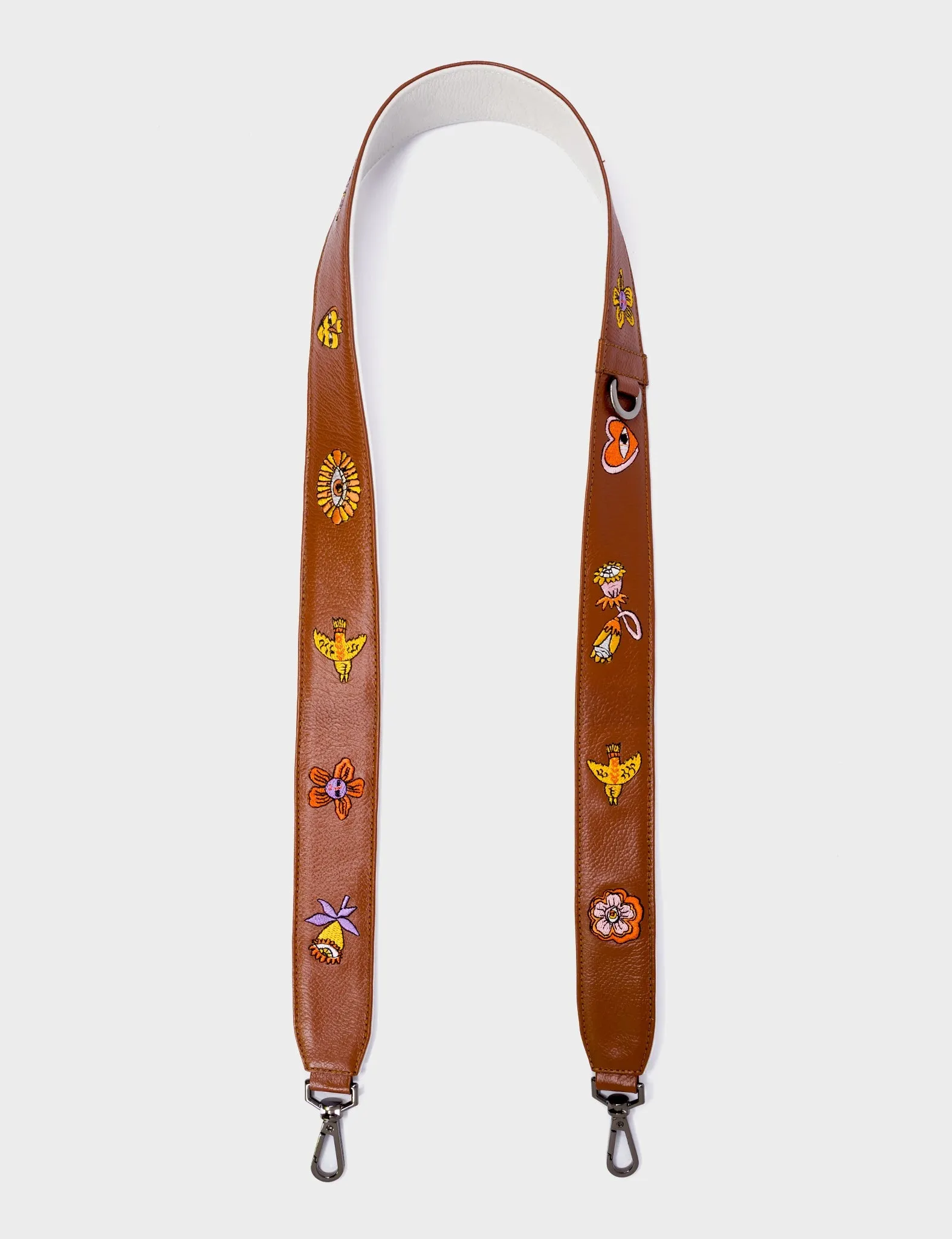 Detachable Moca Brown Leather Shoulder Strap - Vintage Bloom Embroidery