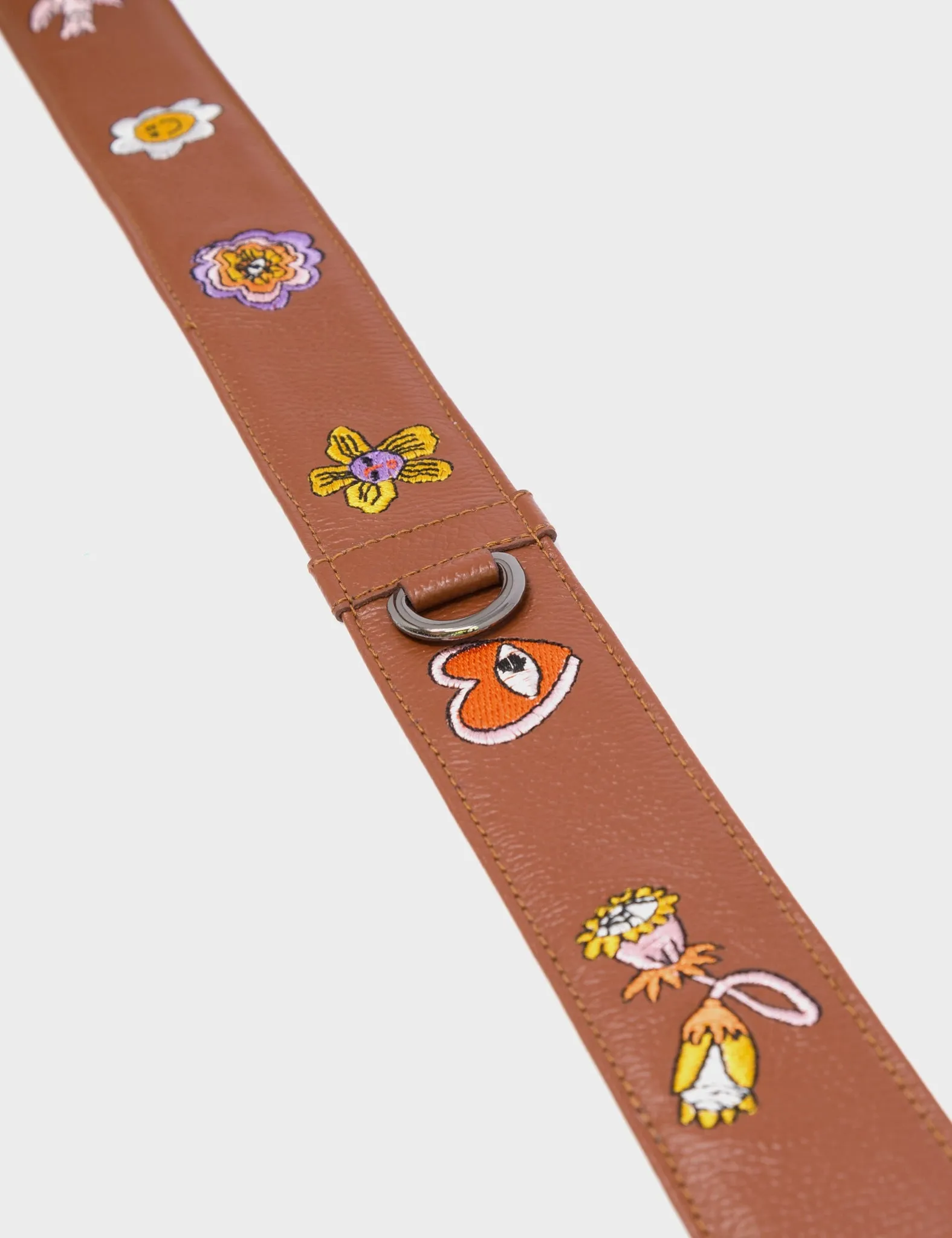 Detachable Moca Brown Leather Shoulder Strap - Vintage Bloom Embroidery