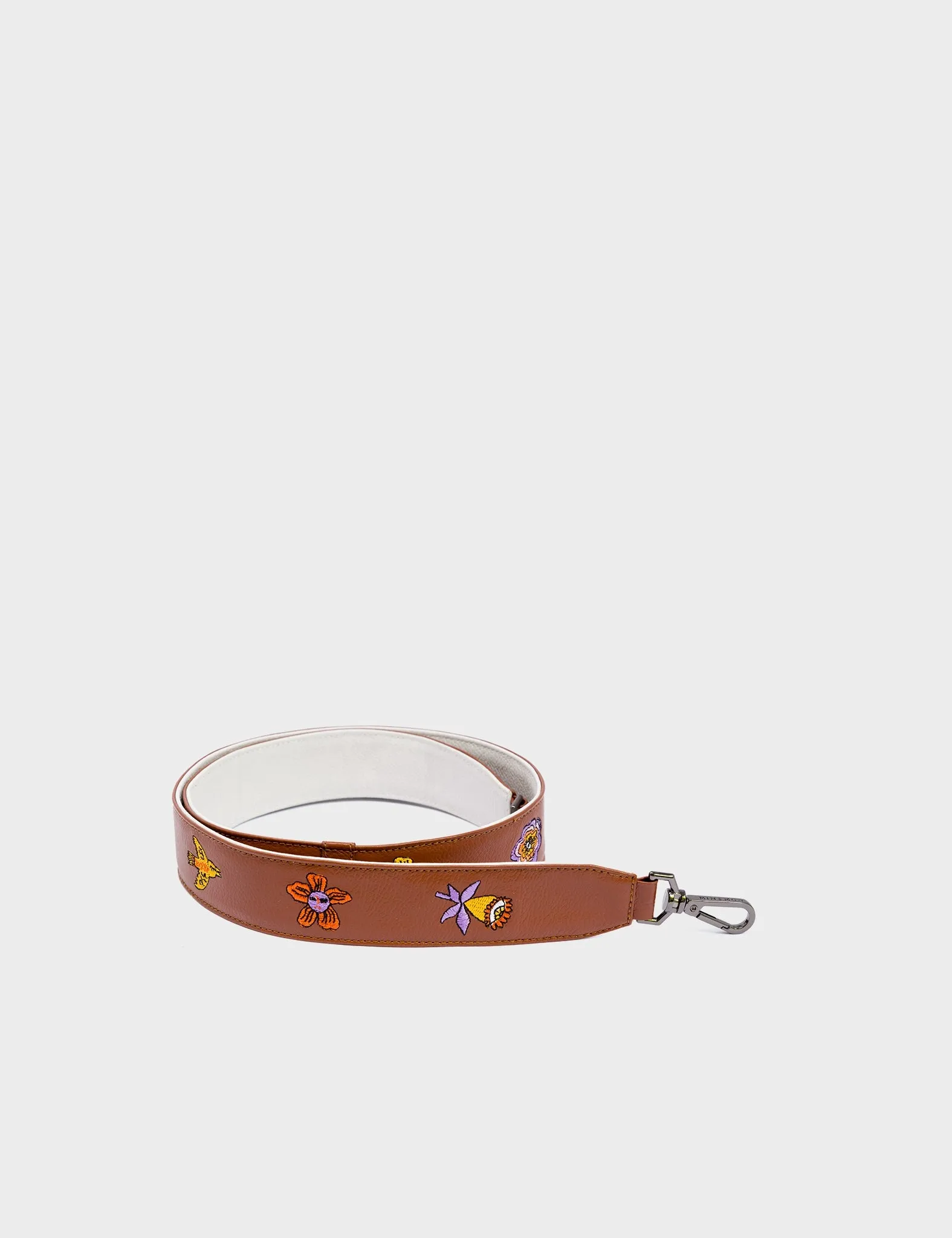 Detachable Moca Brown Leather Shoulder Strap - Vintage Bloom Embroidery