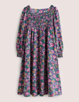 Smocked Bodice Trapeze Dress-Starboard Blue Vintage Floral