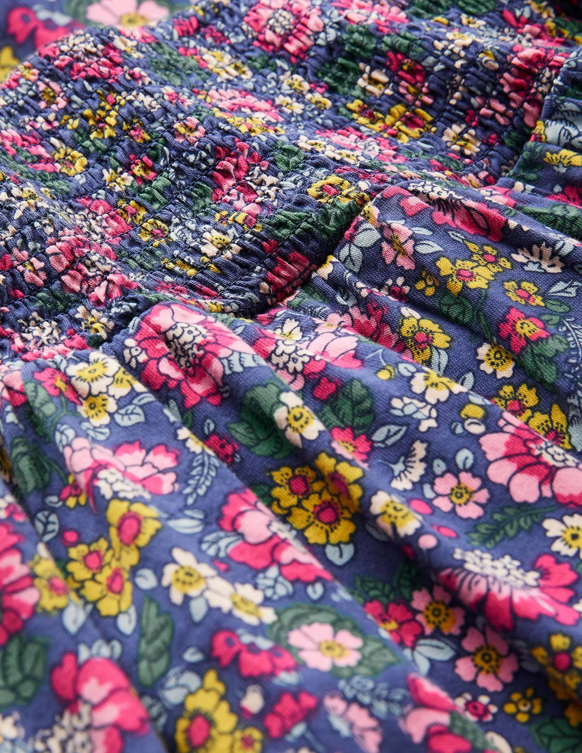 Smocked Bodice Trapeze Dress-Starboard Blue Vintage Floral