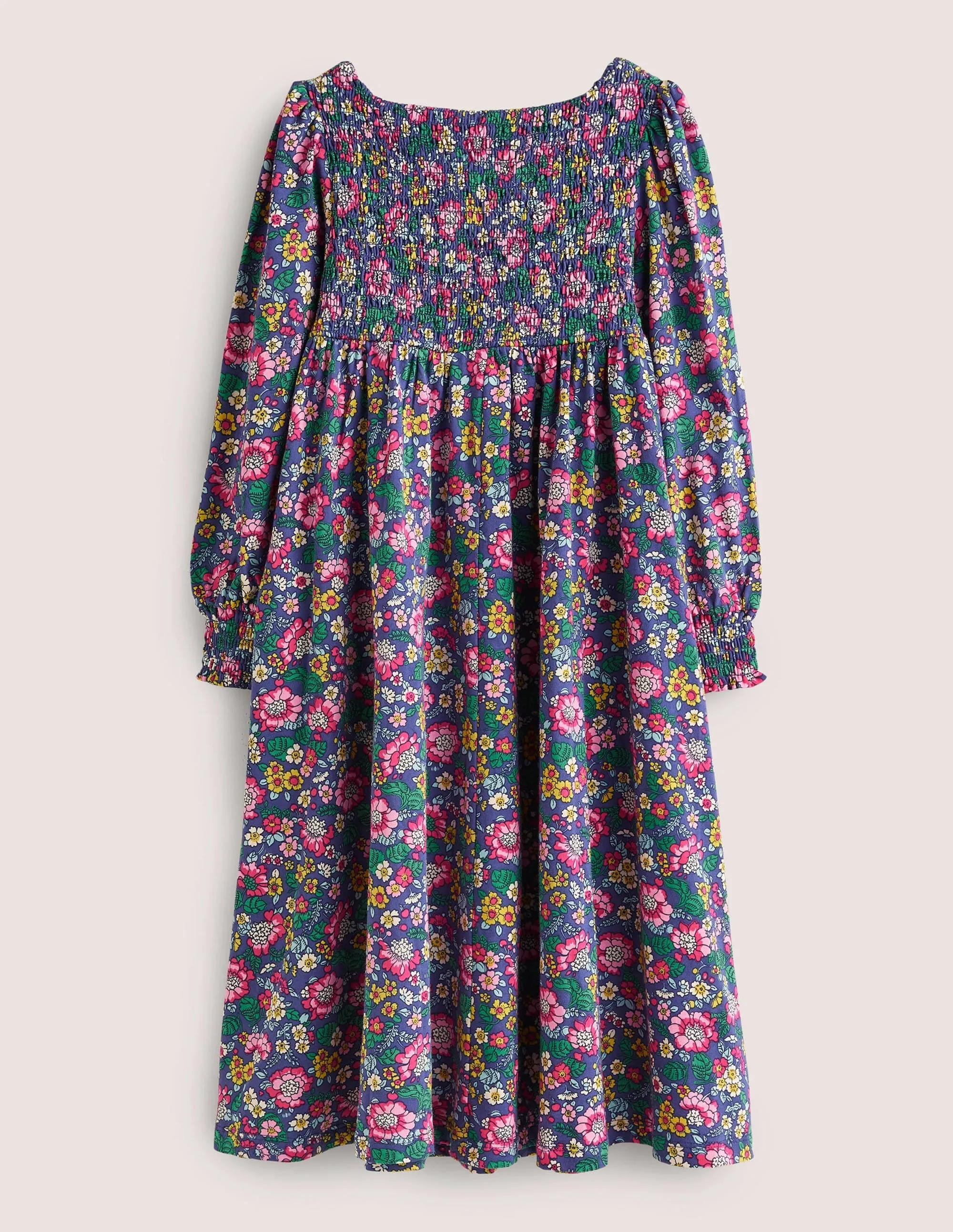 Smocked Bodice Trapeze Dress-Starboard Blue Vintage Floral