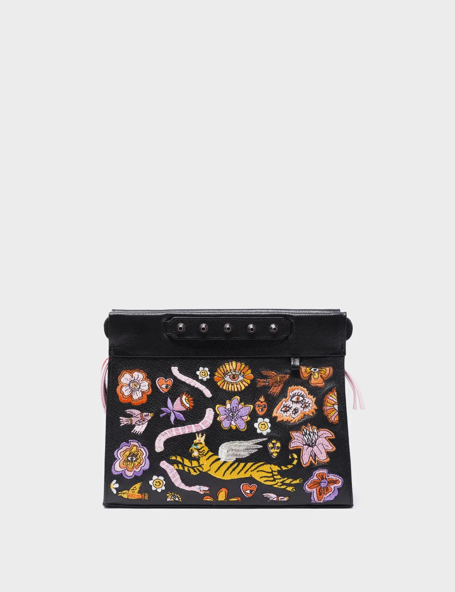 Vali Crossbody Small Black Leather Bag - Vintage Bloom Embroidery