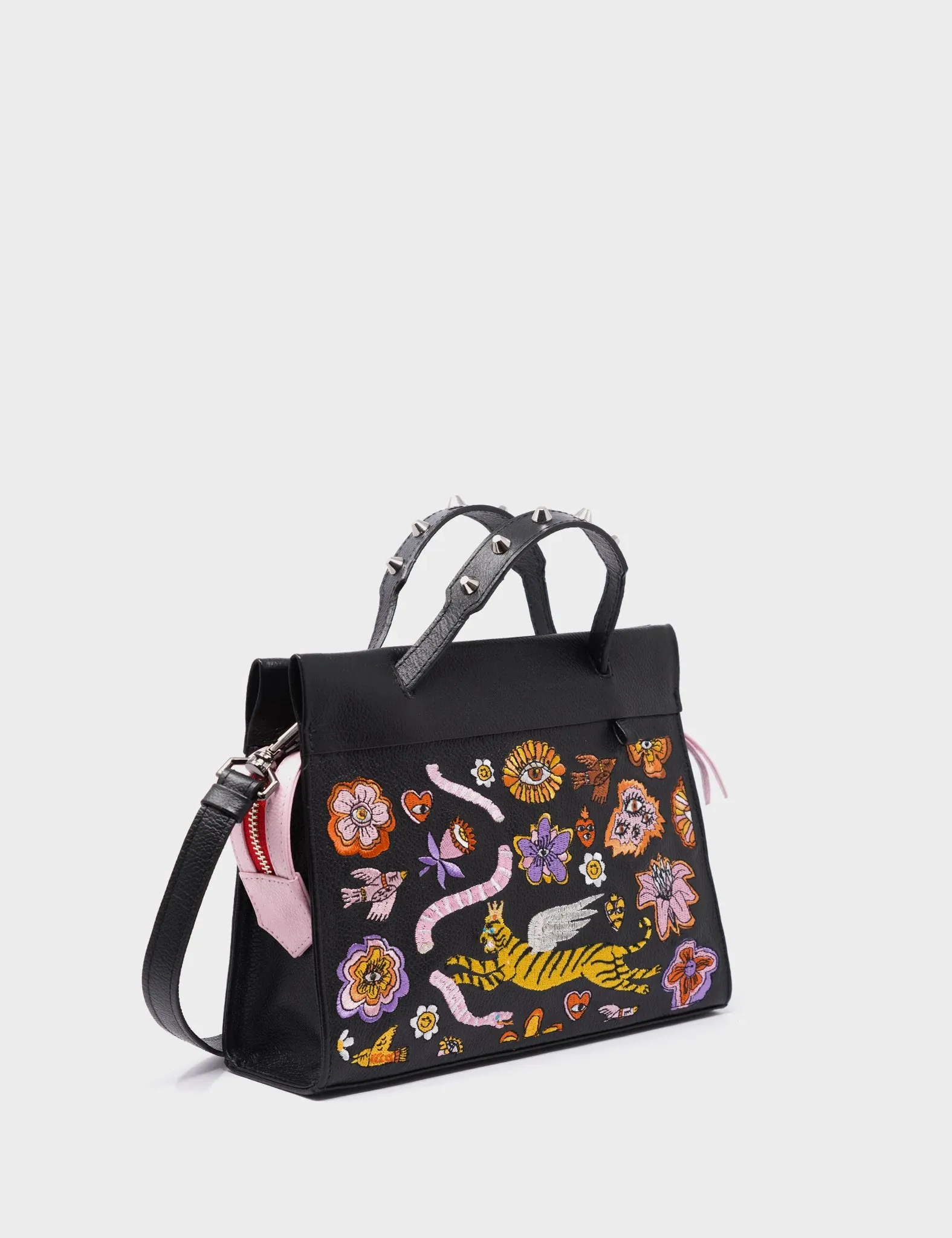 Vali Crossbody Small Black Leather Bag - Vintage Bloom Embroidery