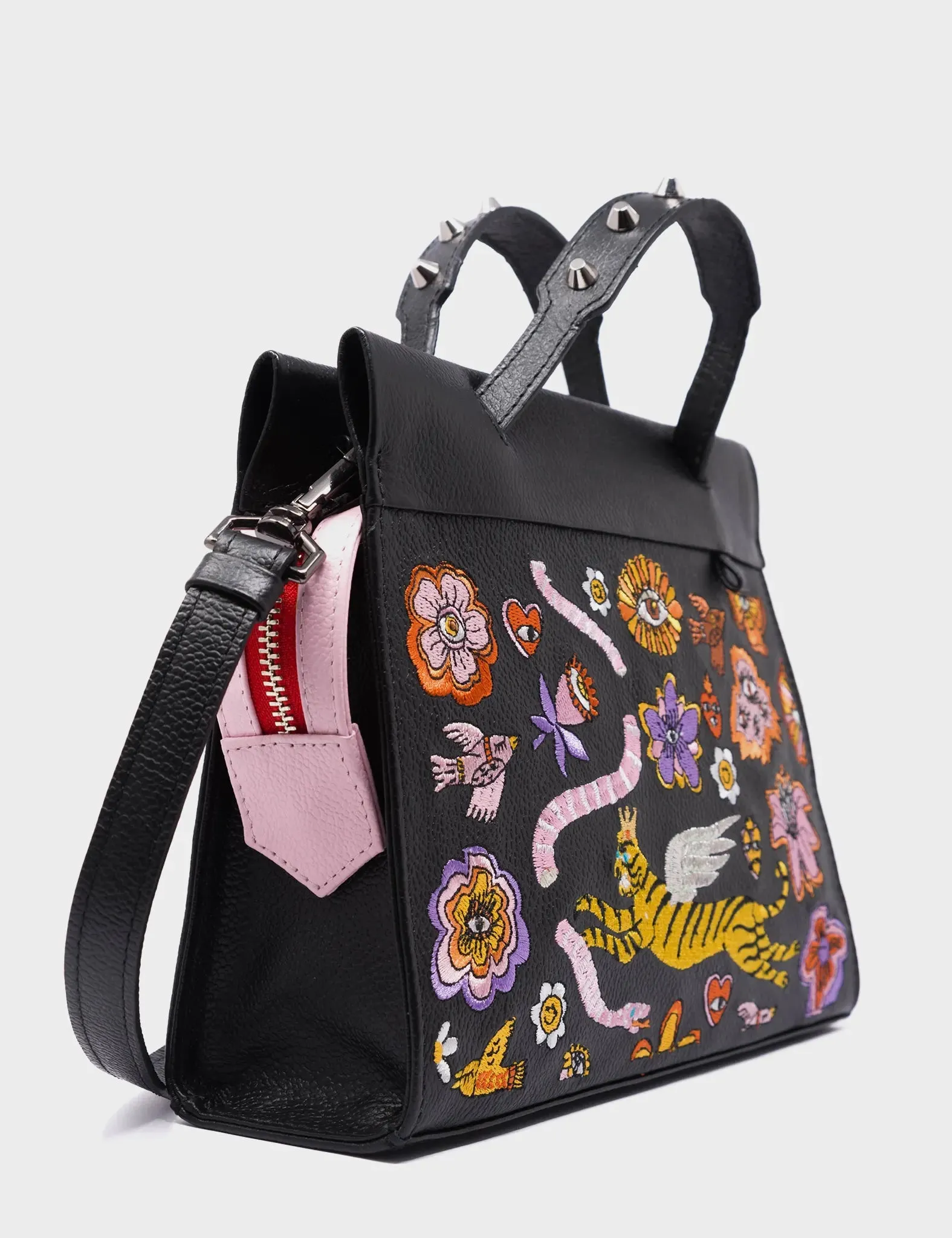 Vali Crossbody Small Black Leather Bag - Vintage Bloom Embroidery
