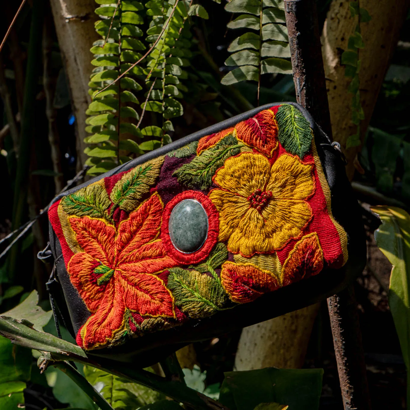 WANDER CROSSBODY BAG   STRAP SET - OOAK HUIPIL WITH JADE - BLACK - NO. 15549