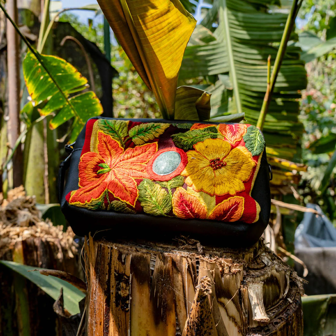 WANDER CROSSBODY BAG   STRAP SET - OOAK HUIPIL WITH JADE - BLACK - NO. 15549