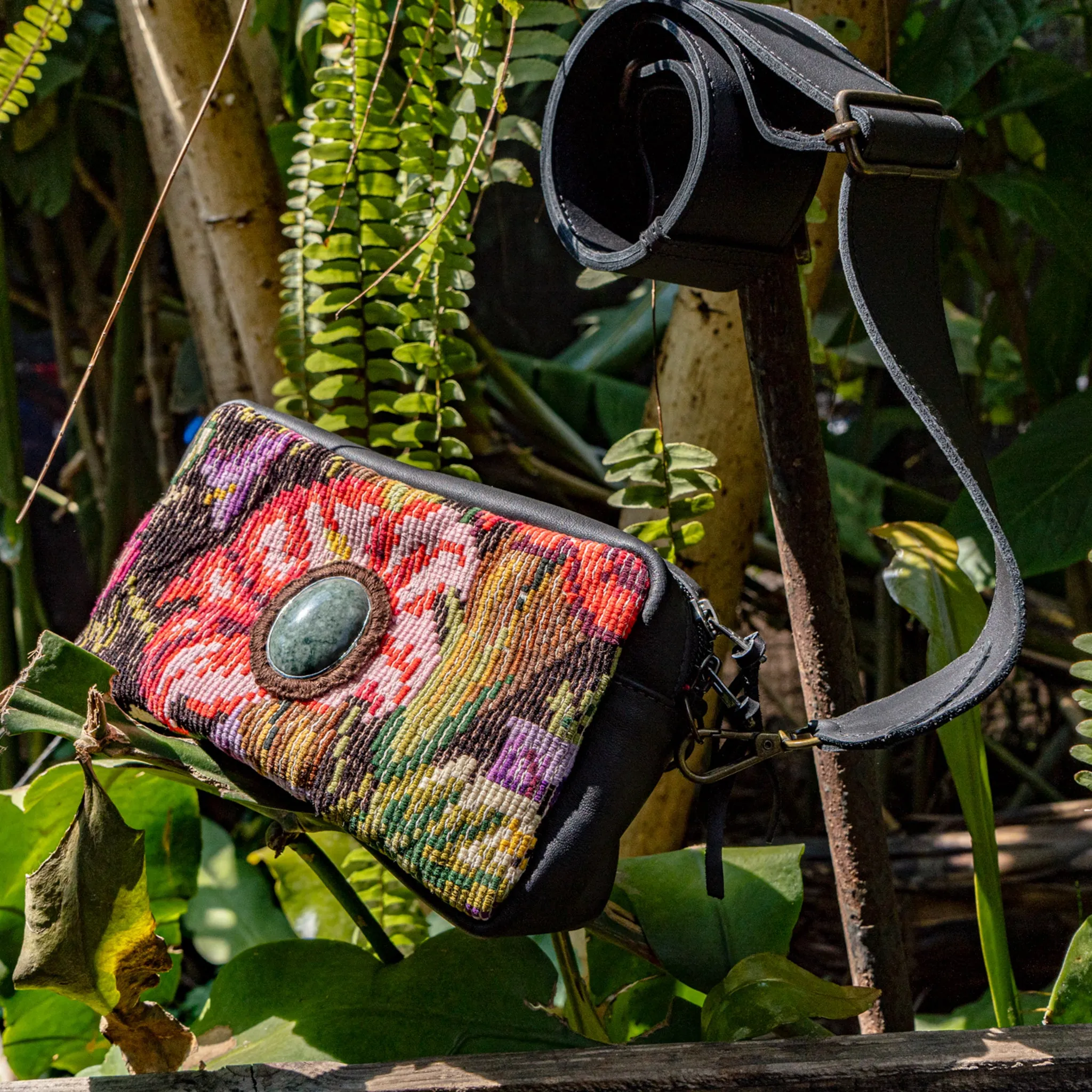WANDER CROSSBODY BAG   STRAP SET - OOAK HUIPIL WITH JADE - BLACK - NO. 15550