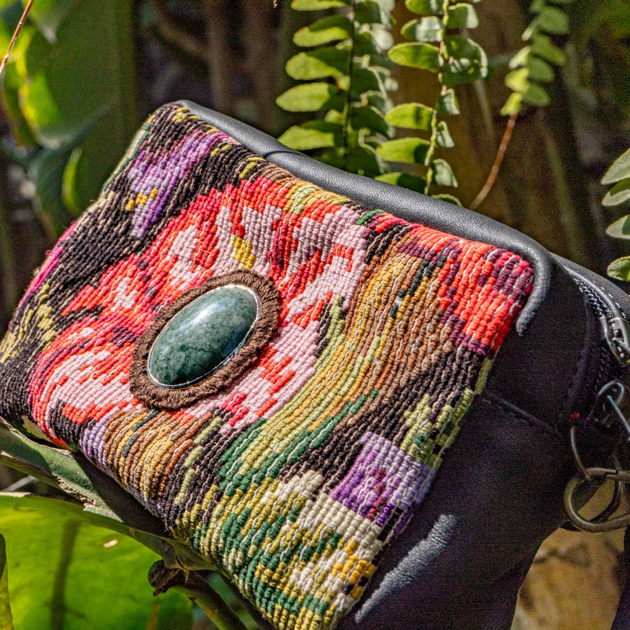 WANDER CROSSBODY BAG   STRAP SET - OOAK HUIPIL WITH JADE - BLACK - NO. 15550