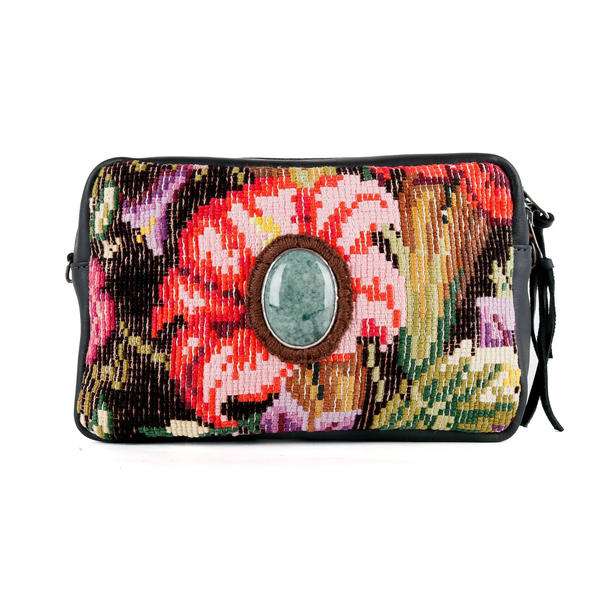 WANDER CROSSBODY BAG   STRAP SET - OOAK HUIPIL WITH JADE - BLACK - NO. 15550