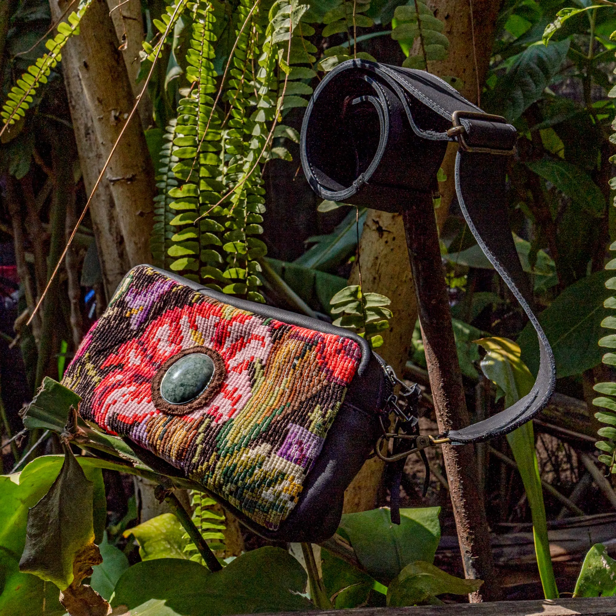 WANDER CROSSBODY BAG   STRAP SET - OOAK HUIPIL WITH JADE - BLACK - NO. 15550